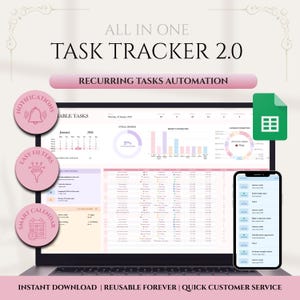 Può includere: Uno schermo di un laptop che mostra un task tracker con grafici e dati, insieme a uno smartphone che mostra un elenco di attività. L'immagine include il testo "ALL IN ONE TASK TRACKER 2.0" e "RECURRING TASKS AUTOMATION". Le icone rosa evidenziano le funzionalità.