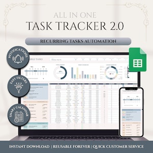 May include: A laptop displaying a task tracker interface with charts and data, alongside a smartphone showing a mobile version. The text reads "ALL IN ONE TASK TRACKER 2.0" and "RECURRING TASKS AUTOMATION". Icons for notifications, filters, and a calendar are also visible.