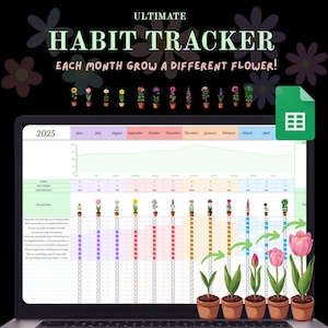 May include: A laptop screen displays a digital habit tracker for 2025, with the text "ULTIMATE HABIT TRACKER" and "EACH MONTH GROW A DIFFERENT FLOWER!". The tracker features a monthly flower-growing theme, with check boxes and a progress chart.