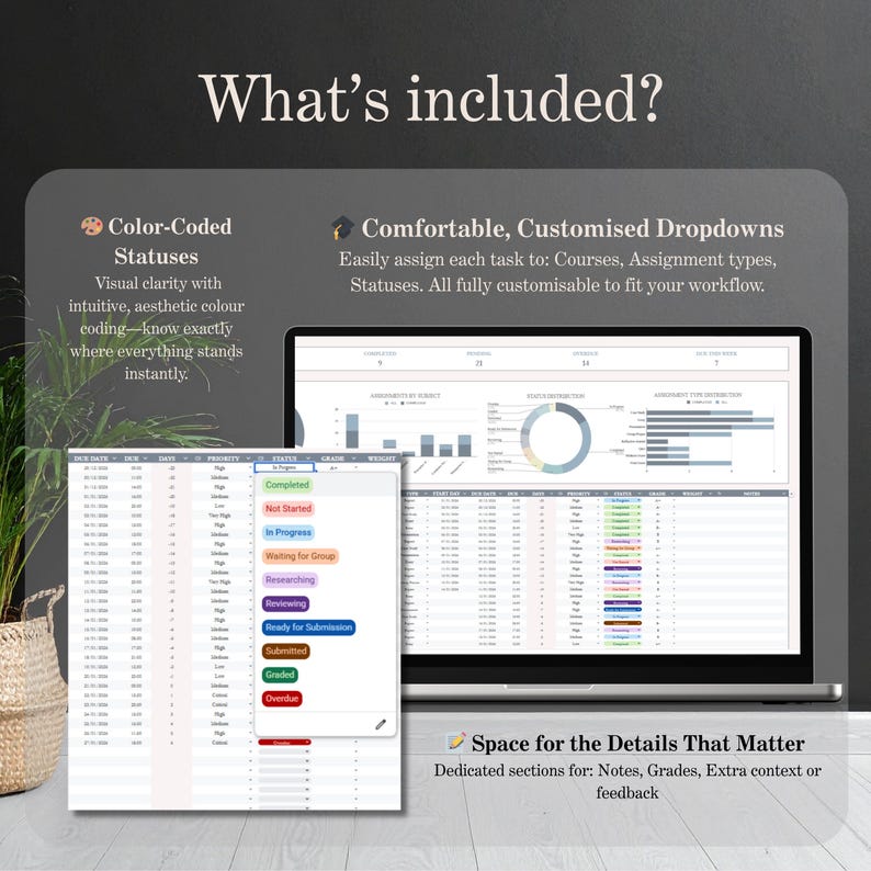 May include: A laptop screen and a smaller tablet display a spreadsheet with color-coded statuses, including "Completed" and "In Progress." The text "What's included?" is at the top, with descriptions of features like "Comfortable, Customized Dropdowns."