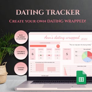 Op de afbeelding: Een laptop toont een dating tracker spreadsheet met de tekst "Ann's dating wrapped 2025." Het scherm toont grafieken en diagrammen voor het volgen van datingdoelen en -resultaten. Het ontwerp bevat roze accenten en de tekst "Dating Tracker."
