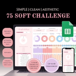 May include: A laptop and smartphone display a digital 75 Soft Challenge template. The design is clean and aesthetic, with pink and purple accents. Features include progress charts, recovery days, rewards, and the ability to change themes.