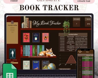 May include: A laptop displaying a "ULTIMATE BOOK TRACKER" interface, with book covers, a cat graphic, and a mobile phone showing a reading log. The screen also shows the text "FULLY COLOUR-CODED!" and "NEW: QUICK PAGE UPDATE TAB!" A green Google Sheets icon is in the foreground.