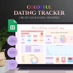 Può includere: Uno schermo di un laptop mostra un foglio di calcolo colorato per il monitoraggio degli appuntamenti. Il testo "COLORFUL DATING TRACKER" e "CREATE YOUR DATING WRAPPED" sono in alto. Il foglio di calcolo include grafici e il testo "Ann's dating wrapped 2025".
