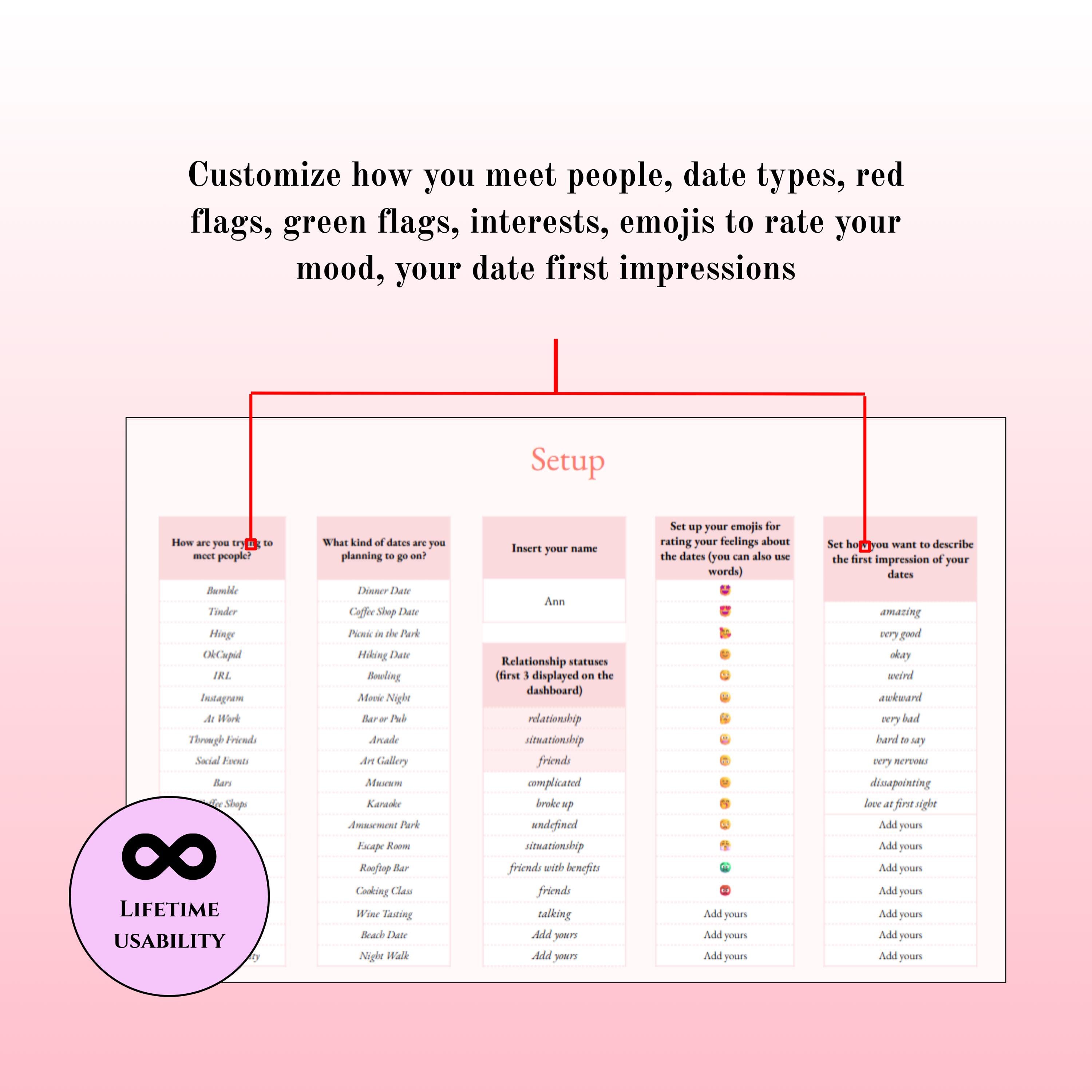 Pink Dating Tracker Google Sheets: Simple Fun Dating Journal and Date ...
