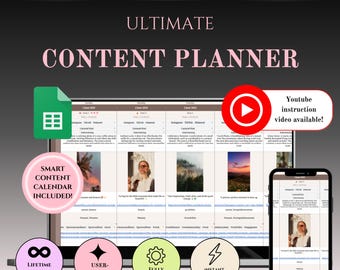 May include: A digital content planner displayed on a laptop and smartphone. The laptop screen shows a calendar layout with images and text. The image includes the text "ULTIMATE CONTENT PLANNER", and icons for "LIFETIME USABILITY" and "INSTANT DOWNLOAD". A YouTube instruction video is available.