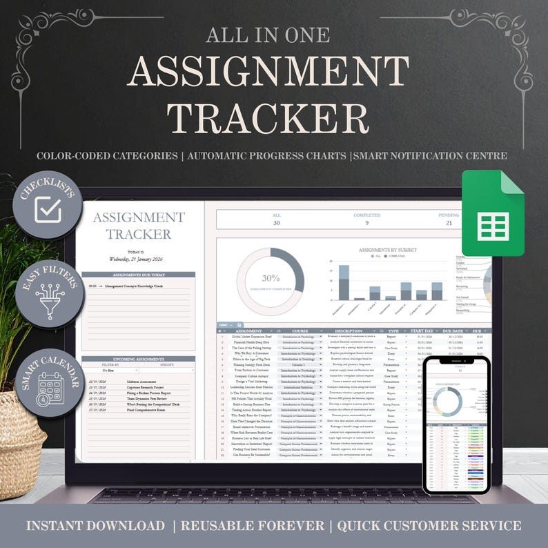 May include: A laptop displaying an "Assignment Tracker" spreadsheet with color-coded categories and progress charts. A smartphone shows a similar interface. Text includes "All in One Assignment Tracker" and "Instant Download | Reusable Forever | Quick Customer Service."