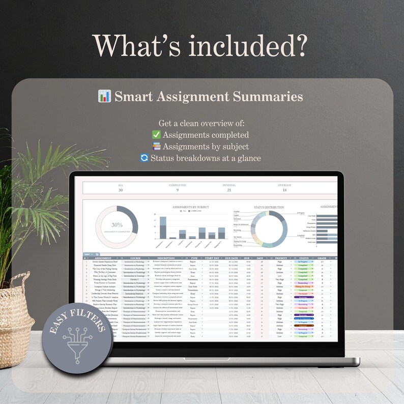 May include: A laptop displays a spreadsheet with charts and data, including a pie chart showing 30%. Text on the screen reads "Smart Assignment Summaries" and "What's included?" A round gray sticker with the words "Easy Filters" is in the foreground.