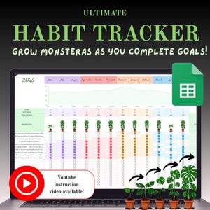 Może przedstawiać: Ekran laptopa wyświetla arkusz kalkulacyjny do śledzenia nawyków na rok 2025 z tekstem "ULTIMATE HABIT TRACKER" i "GROW MONSTERAS AS YOU COMPLETE GOALS!". Tracker zawiera pola wyboru, wykres postępu i link do instrukcji wideo na YouTube. Projekt ma zielono-białą kolorystykę.