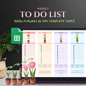 Puede incluir: Una pantalla de portátil muestra una plantilla de lista de tareas semanales con ilustraciones de flores. El texto dice "WEEKLY TO DO LIST GROW FLOWERS AS YOU COMPLETE TASKS!". Cada día tiene una flor diferente y una lista de verificación.