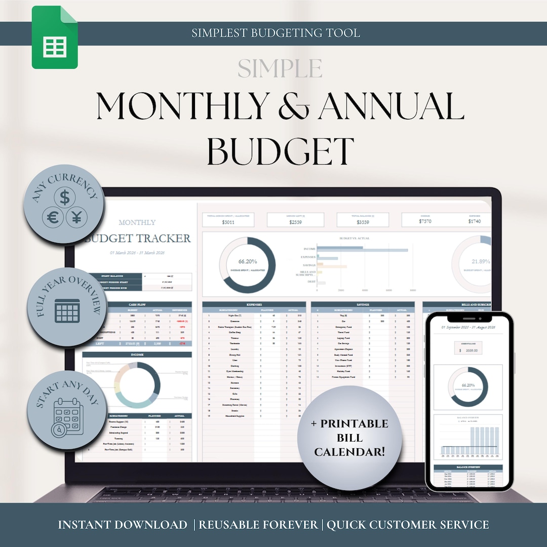 Simple Monthly and Annual Budget Tracker Google Sheets Template ...