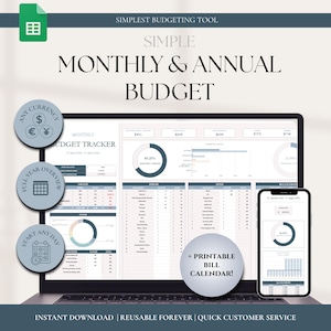 May include: A laptop and smartphone display a digital monthly and annual budget template. The screen shows a budget tracker with charts and financial data. The image includes the text "SIMPLE MONTHLY & ANNUAL BUDGET" and "+ PRINTABLE BILL CALENDAR!"