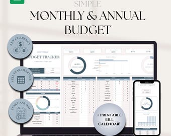 Simple Monthly and Annual Budget Tracker Google Sheets Template (Digital Download) with Bill Calendar