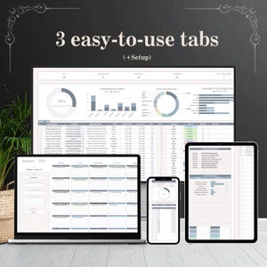May include: A laptop, tablet, and smartphone display a spreadsheet with charts and data. The text "3 easy-to-use tabs" and "(+Setup)" is at the top. The laptop screen shows a calendar for January 2026.