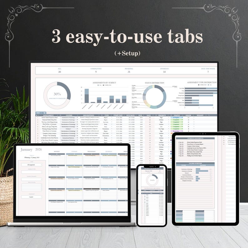 May include: A laptop, tablet, and smartphone display a spreadsheet with charts and data. The text "3 easy-to-use tabs" and "(+Setup)" is at the top. The laptop screen shows a calendar for January 2026.