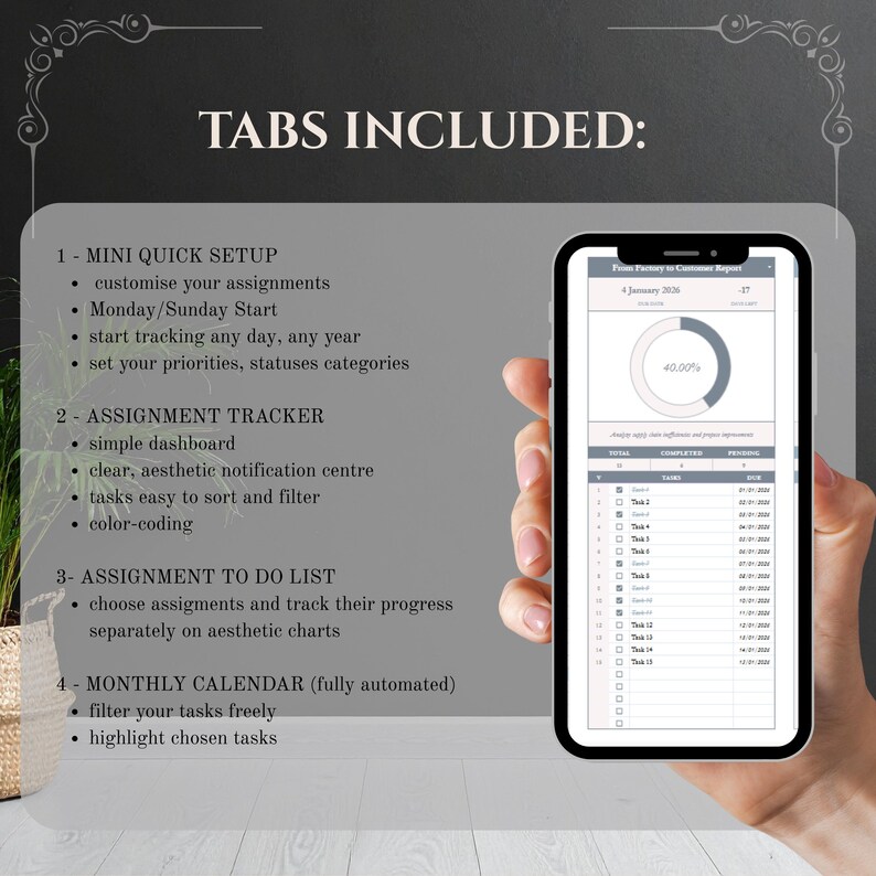 May include: A smartphone displaying a digital planner with task tracking and a monthly calendar. The screen shows a progress chart and a list of tasks. Text on the image reads "TABS INCLUDED:" and lists features like assignment tracking and color-coding.
