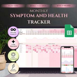 Puede incluir: Un portátil muestra un rastreador mensual de síntomas y salud en rosa y blanco. La pantalla muestra una hoja de cálculo con seguimiento diario de síntomas y un teléfono inteligente con un gráfico. El texto incluye "Color-Coded", "Minimal Daily Input" y "Quick Summaries".