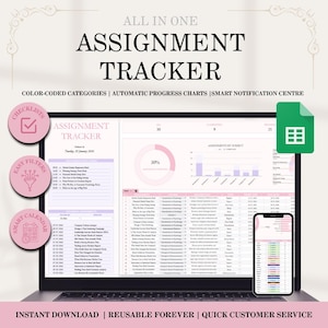 May include: A laptop displaying an assignment tracker with color-coded categories, progress charts, and a smart notification center. The screen shows a spreadsheet with assignment details, a pie chart, and a bar graph. A smartphone displays the same information. Text on the screen reads "Assignment Tracker".
