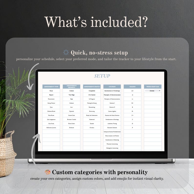 May include: A laptop screen displays a digital planner interface with the word "SETUP" at the top. The screen shows various categories for assignments, priorities, and grades. Text at the top says "What's included?" and "Quick, no-stress setup".