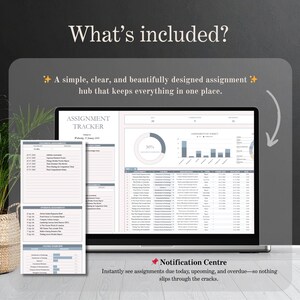 May include: A laptop displaying an assignment tracker with charts and lists. The screen shows a pie chart, bar graphs, and a list of assignments. Text on the screen reads "What's included?" and "Notification Centre". A notepad is on the left.