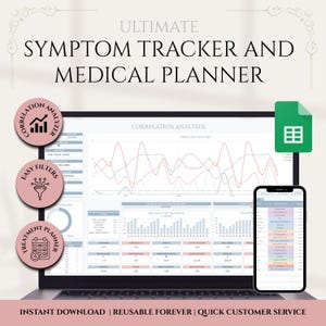 Könnte beinhalten: Ein Laptop und ein Smartphone zeigen einen digitalen Symptom-Tracker und einen medizinischen Planer. Der Laptop-Bildschirm zeigt Diagramme und Datenanalysen, während das Telefon eine mobile App-Oberfläche anzeigt. Der Text "ULTIMATE SYMPTOM TRACKER AND MEDICAL PLANNER" ist sichtbar.
