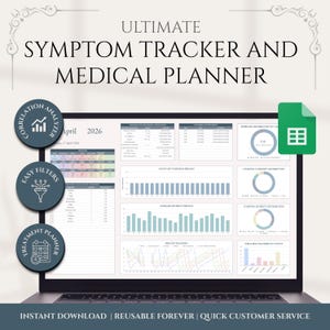 Peut inclure: Un écran d'ordinateur portable affichant un suivi des symptômes numérique et un planificateur médical. L'interface comprend des graphiques et des tableaux de données. Le texte à l'écran indique "ULTIMATE SYMPTOM TRACKER AND MEDICAL PLANNER". Le texte supplémentaire comprend "INSTANT DOWNLOAD | REUSABLE FOREVER | QUICK CUSTOMER SERVICE".