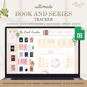 Puede incluir: Una pantalla de portátil muestra un rastreador digital de libros y series. La interfaz incluye un panel de control, una estantería codificada por colores y un buscador de libros. El texto en la pantalla dice "My Book Tracker" y "Instant Download | 1000+ Books | Series Tracker | Fully Automated."