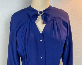 Vintage early 1950s 1940s Stunning Cocktail Blouse Rhinestone Royal Blue Rayon Keyhole Cutout