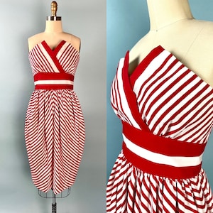 Vintage VICTOR COSTA 1980s Candy Stripe Cinch Waist Bustier Strapless Dress image 1
