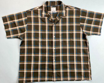 Vintage 1950s 1960s XL Extrra Large TOWNCRAFT Penneys Plaid Loop Collar Short Mens Sleeve Shirt