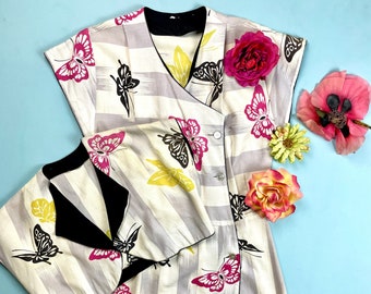 Vintage 1940s 1950s Cotton Two Piece Day Dress with Butterfly Novelty Print