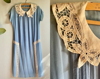 Vintage Sweetest 1920s Silk Pintuck Lolita Dress with oversized lace collar
