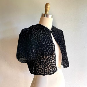 Vintage 1930s Cut Silk Velvet Bolero Style Jacket cover-up with Puff Sleeves. image 1