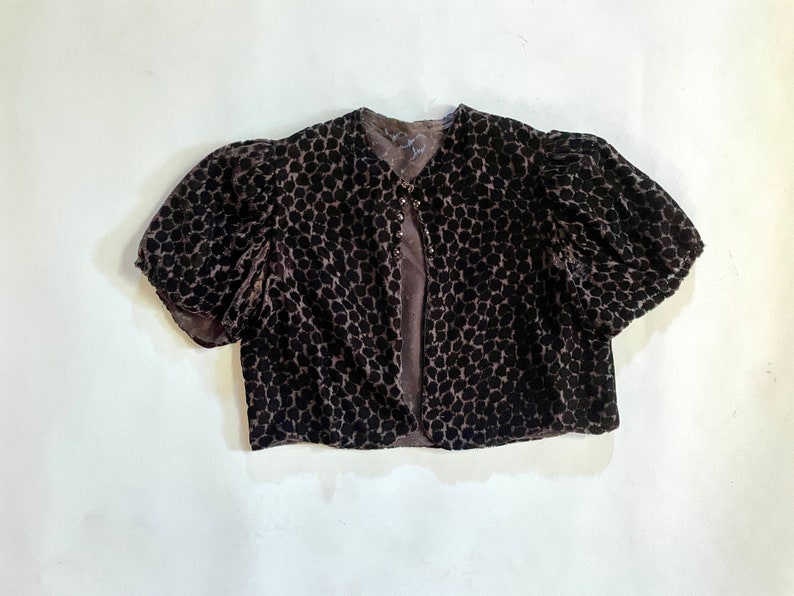 Vintage 1930s Cut Silk Velvet Bolero Style Jacket cover-up with Puff Sleeves. image 4