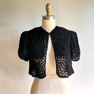Vintage 1930s Cut Silk Velvet Bolero Style Jacket cover-up with Puff Sleeves. image 3