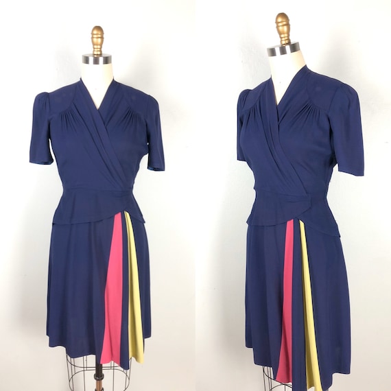 Vintage 1940s Color Block Dress Flirty Swing Dress
