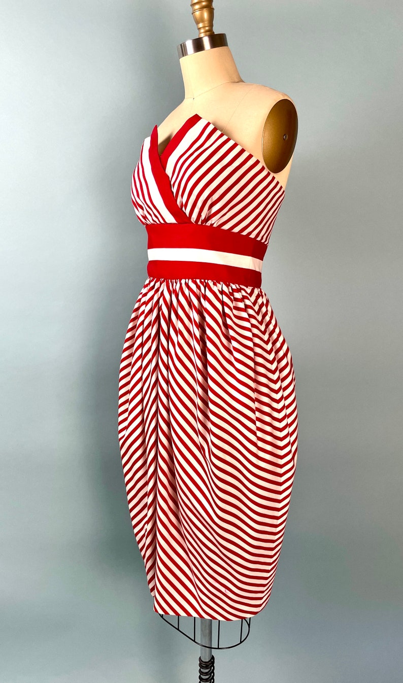 Vintage VICTOR COSTA 1980s Candy Stripe Cinch Waist Bustier Strapless Dress image 2