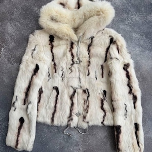Y2K Vintage Real White Rabbit Fur Hooded Coat Jacket