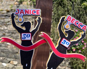 Marathon Cake Topper – Personalized Running Cake Decoration with Name & Age – Race Finish Line Topper – Runner Birthday Party Decor
