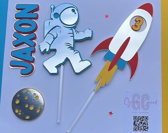 Personalized Space Cake Topper | Custom Astronaut Name Topper | Rocket Birthday Decoration | Outer Space Party Cake Decor