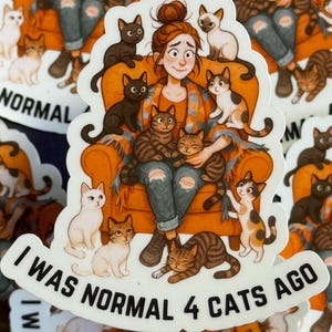 Sticker Crazy Cat Lady – « I Was Normal 4 Cats Ago » – Cadeau amusant pour les amoureux des chats – Sticker vinyle pour chat – Résistant à l'eau – Humour de maman chat