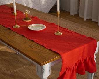 Handmade Ruffled Table Runner – Red 100% Linen | Elegant Farmhouse & Cottagecore Decor | Multiple Lengths Available | Mother's Day Gift