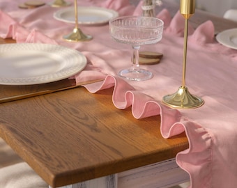 Pink Ruffled Linen Table Runner – 100% Natural Linen | Elegant & Rustic Table Decor | Various Sizes and Colors