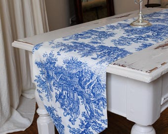 Blue Toile de Jouy Table Runner – Cotton French Country Dining Linen