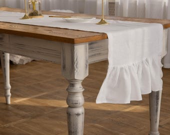 Camino de mesa de lino blanco con volantes - Lino 100 % natural / Decoración de mesa elegante y rústica / Varios tamaños y colores