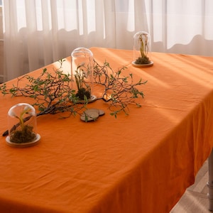 Könnte beinhalten: Ein orangefarbenes Tischtuch bedeckt einen Tisch mit drei Glashauben, die Pflanzen enthalten. Ein Zweig mit grünen Blättern und kleine Holzscheiben liegen auf dem Tisch. Der Hintergrund zeigt weiße Vorhänge und Sonnenlicht.