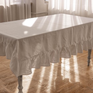White Ruffled Linen Tablecloth – 100% Linen Table Cover | Elegant Rustic Table Linen | Various Sizes & Colors