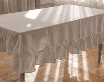 Mantel de lino blanco con volantes – 100% lino / Mantelería rústica elegante / Varios tamaños y colores
