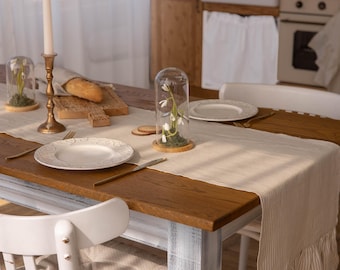 Camino de mesa de lino con volantes - Rayas finas beige / Lino 100 % natural / Elegante decoración rústica para bodas o mesas de comedor / Decoración de Acción de Gracias