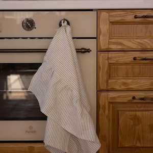 Ruffled Striped Linen Kitchen Towel – Natural Thin Stripe | Rustic Tea Towel with Ruffles | Absorbent & Durable Linen Dish Towel